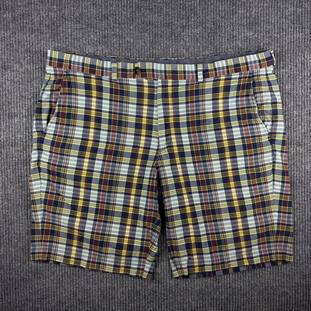 Brooks Brothers 346 Mens Plaid Cotton Chino Shorts Navy Yellow Burgundy‎ Size 42